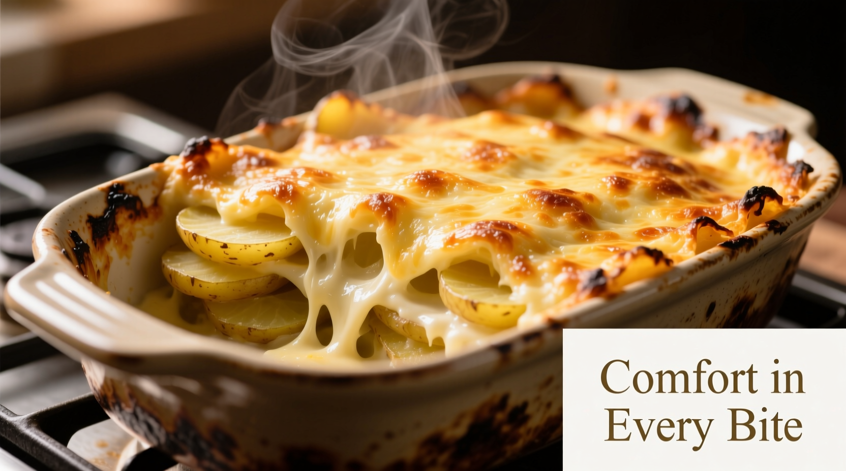 Golden potato gratin with melted cheese topping