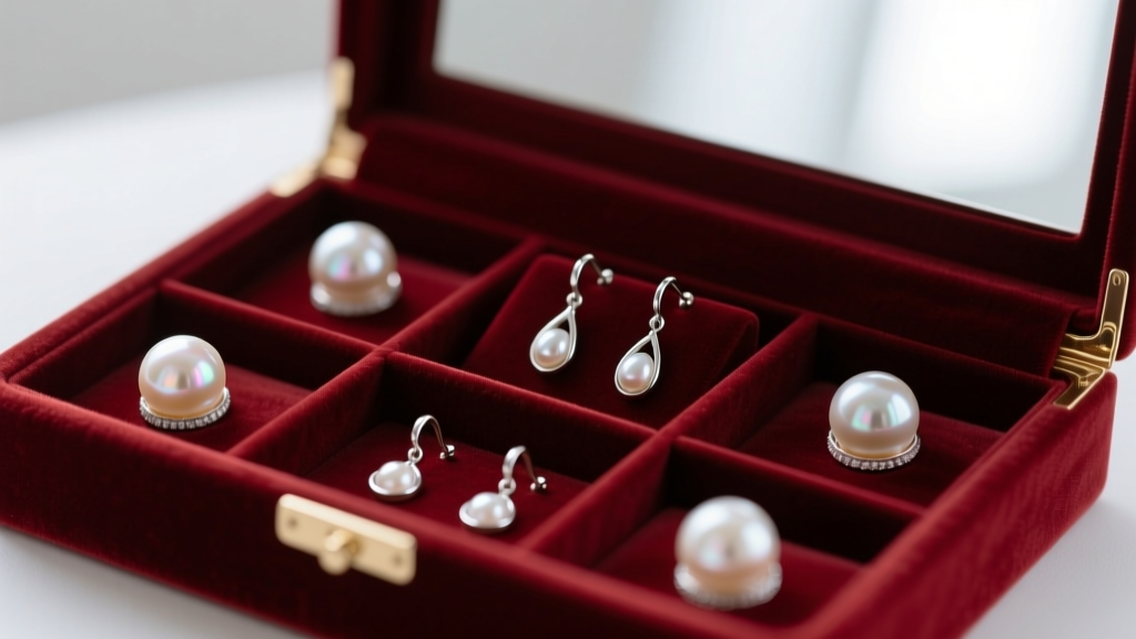 Velvet-lined jewelry box with individual compartments storing Tabra pearl and silver dangle earrings to prevent surface scratches.