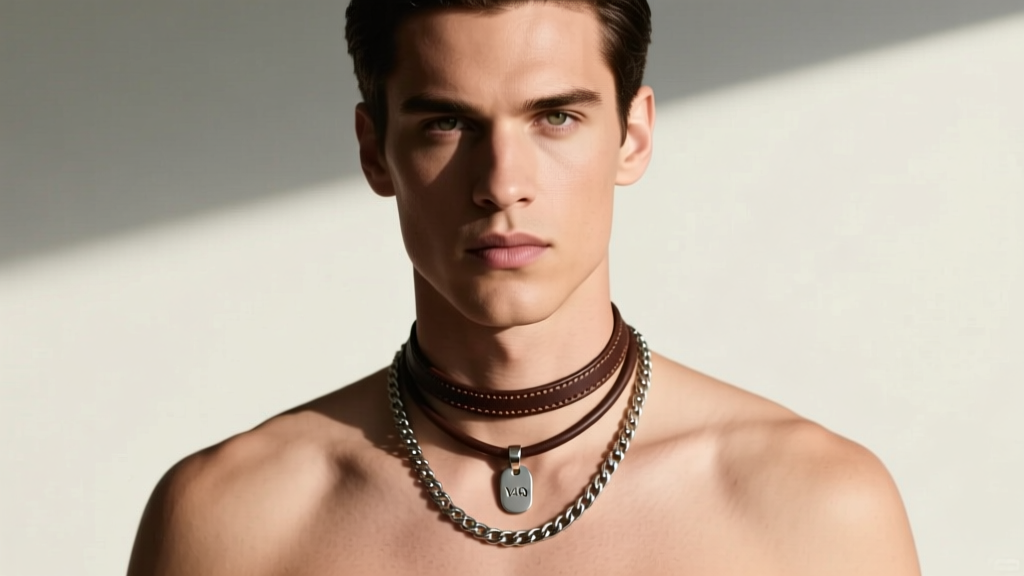 Male model wearing a layered necklace stack featuring a subtle Anakin leather cord piece alongside a minimalist 2mm titanium Cuban chain.