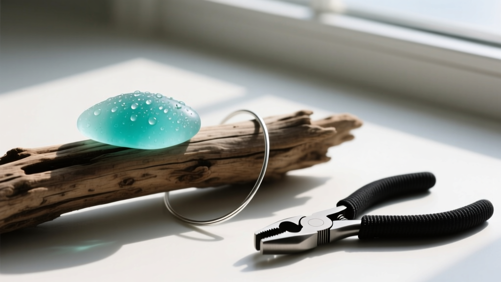 Frosted turquoise sea glass on driftwood beside 20-gauge Argentium silver wire and nylon jaw pliers bathed in soft morning light