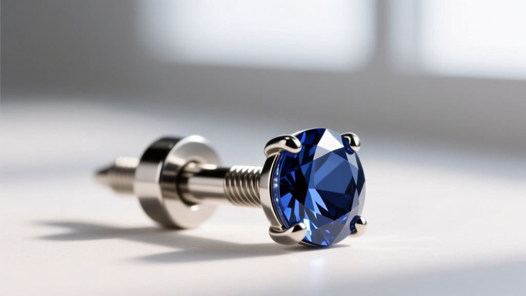 Macro shot of ASTM F136 titanium labret stud with prong-set sapphire, highlighting mirror polish and internal threading details