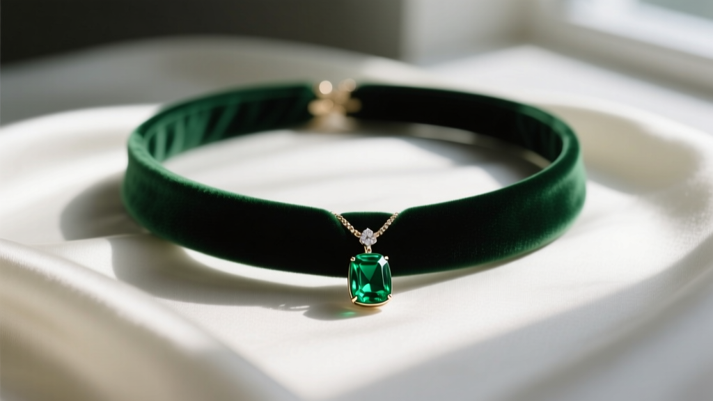 Elegant dark green velvet choker necklace with a small emerald pendant resting on silk fabric, soft moody lighting, close-up shot.
