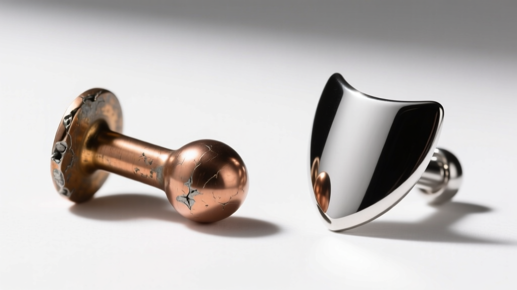 Side-by-side comparison of a cheap tarnished zinc alloy nipple clip and a polished implant-grade titanium non-piercing shield