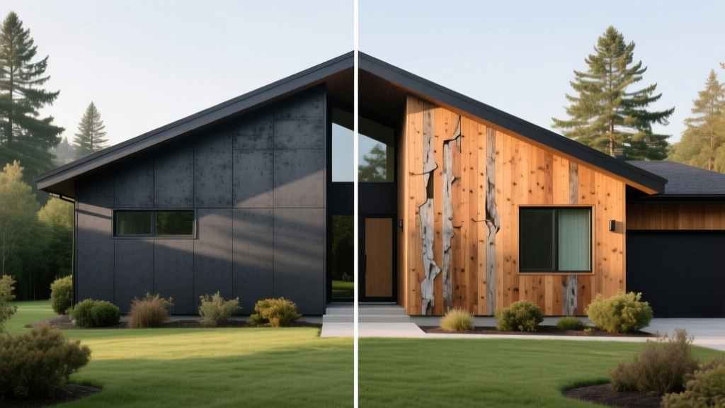 Split-view exterior of a modern home showing dark charcoal fiber cement siding on the left and natural cedar wood cladding on the right