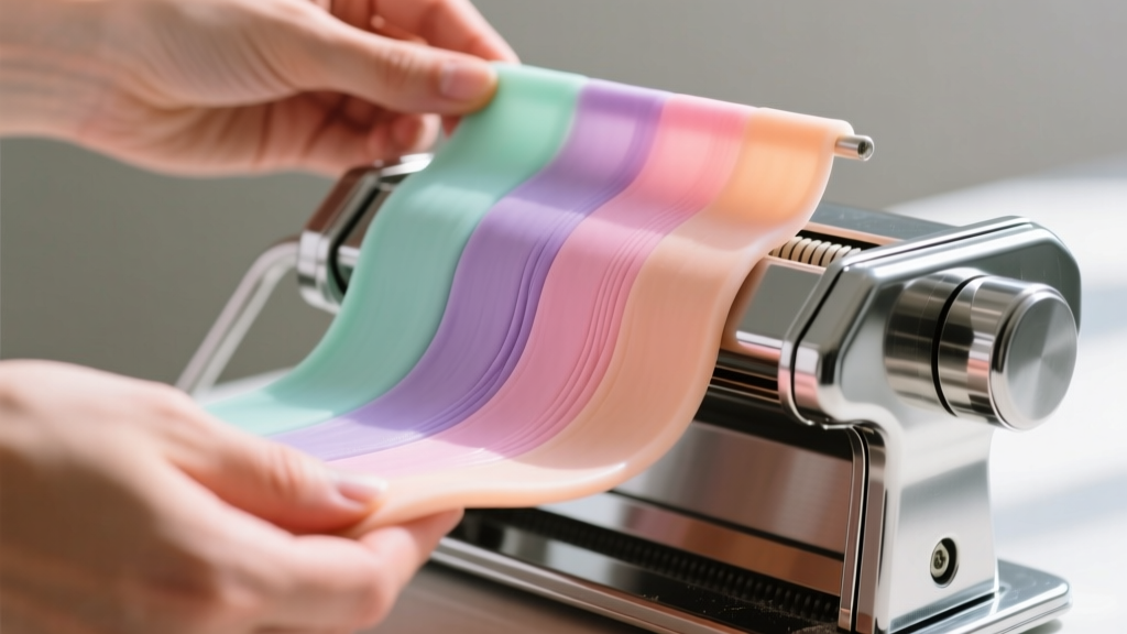 Hands passing a gradient sheet of pastel polymer clay through a metal pasta machine to create a smooth Skinner blend for petals.
