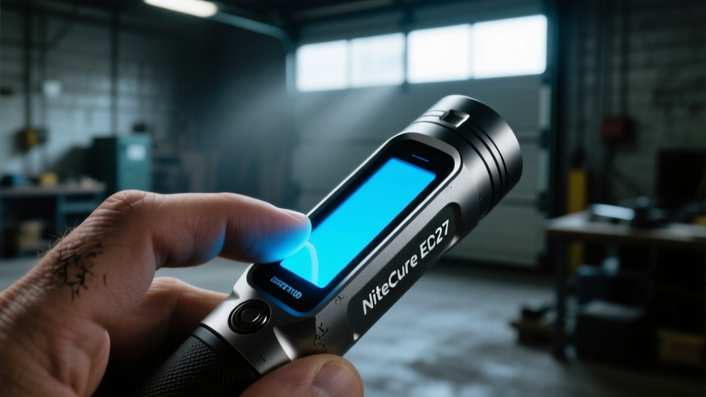 Close-up of a thumb pressing the OLED display on a thin Nitecore EDC27 flashlight in a dimly lit garage workspace.
