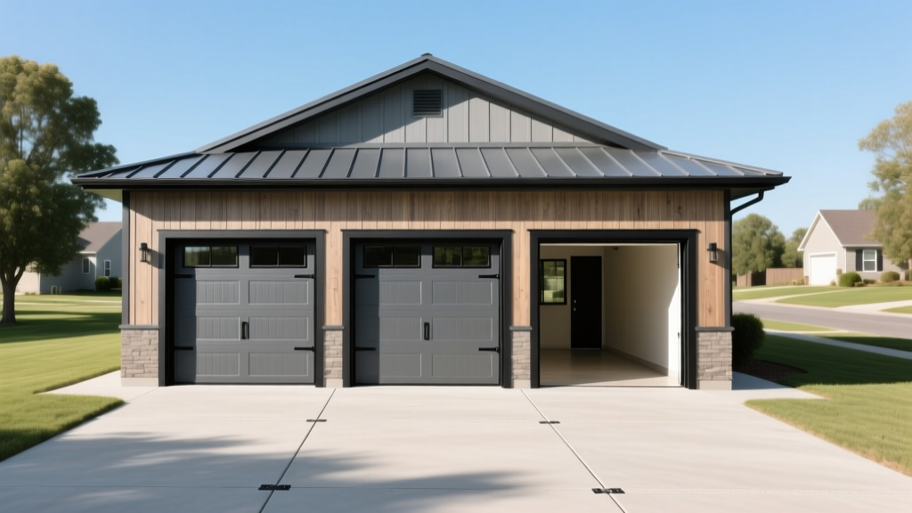 Architectural rendering of a detached 36x24 three-car garage with LP SmartSide siding, metal roof, and three steel doors on concrete
