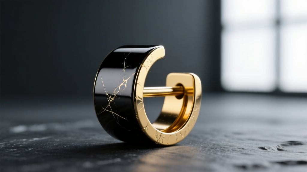 Macro photography of a scratched black rhodium plated brass earring post revealing yellowish base metal underneath on dark slate.
