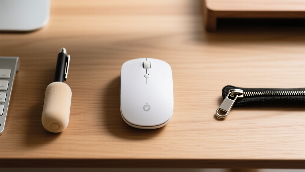 Top-down desk view showing a vertical ergonomic wireless mouse next to a foam pen grip and a metal zipper pull aid on a wooden workspace.