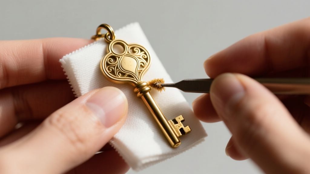 Hands using a microfiber cloth and jewelry polishing compound to clean the intricate grooves of a brass key holder pendant