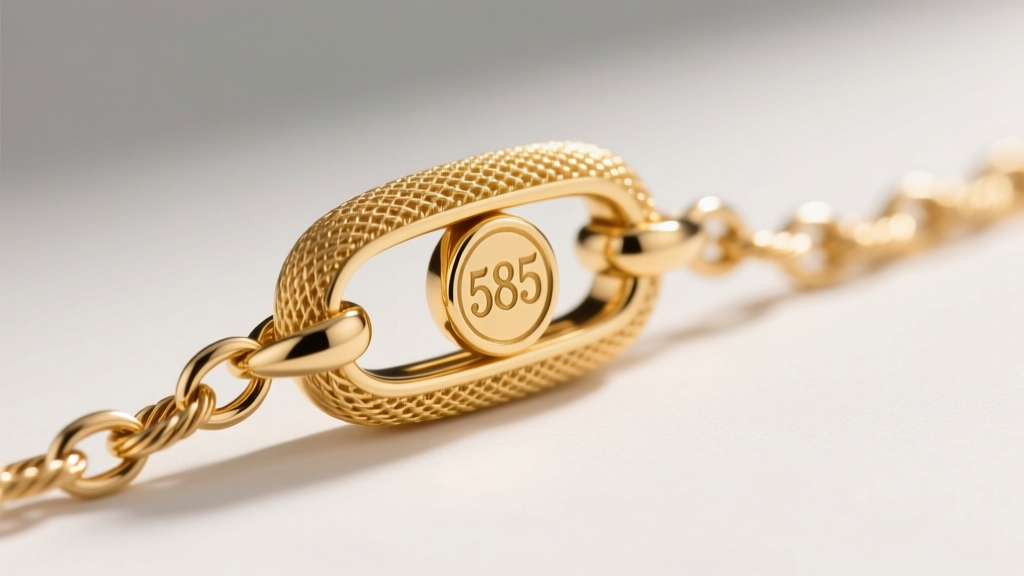 Macro shot of a 14k gold lobster clasp and 585 hallmark stamp on a delicate cable chain, highlighting secure jewelry craftsmanship