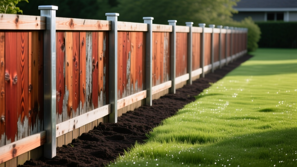 Weathered western red cedar privacy fence panels with galvanized steel post anchors set in dark loamy soil next to a lush green lawn