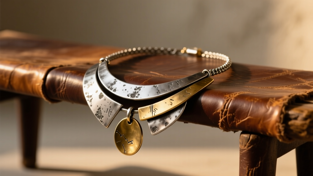 Heavy mixed-metal plunder design necklace on a leather bench, showing oxidized silver and brass pendants under warm light