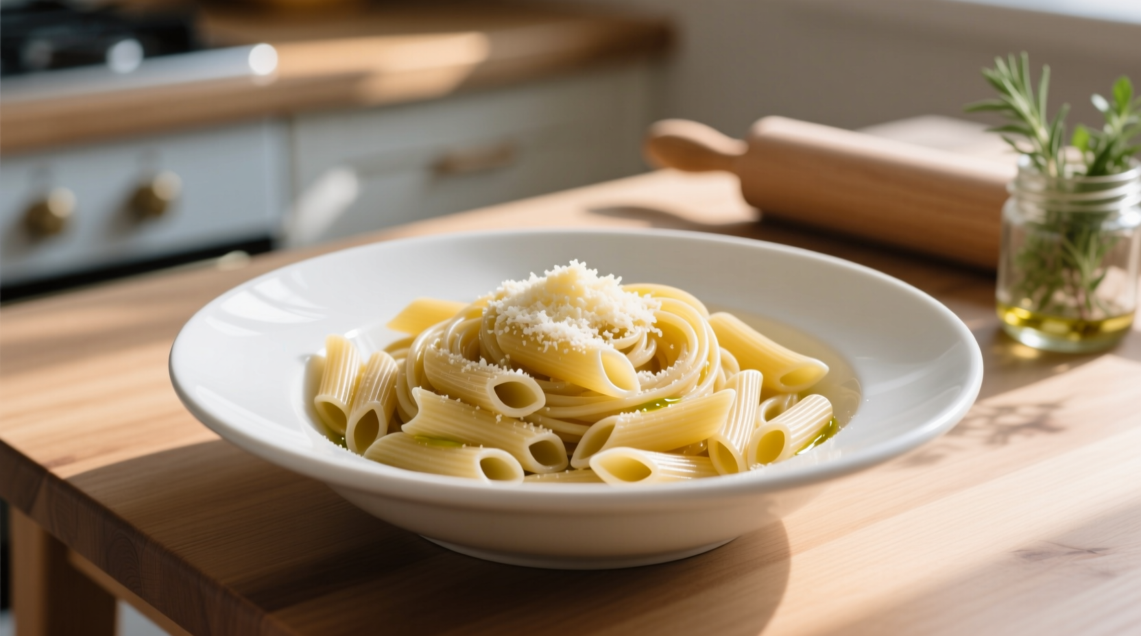 Perfectly cooked al dente macaroni in a white bowl