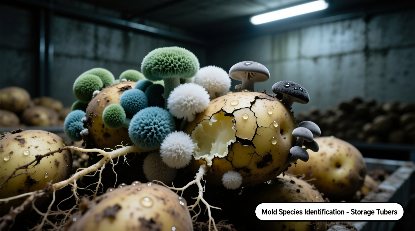 Close-up of common potato mold types on storage tubers