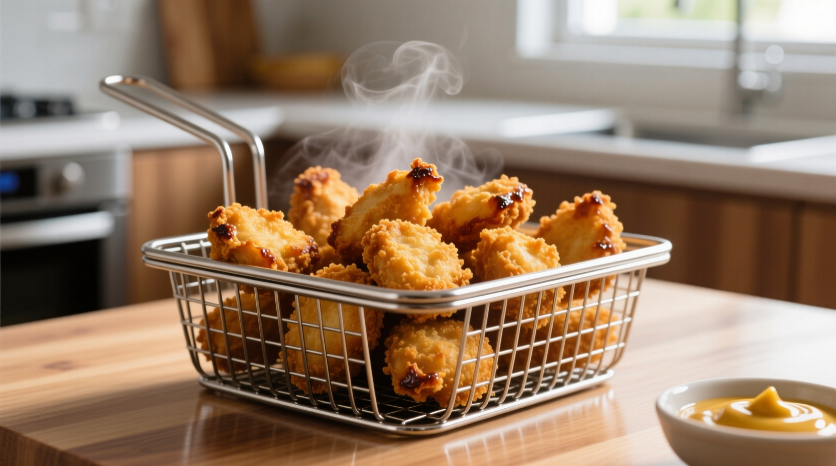 Golden brown chicken nuggets in air fryer basket