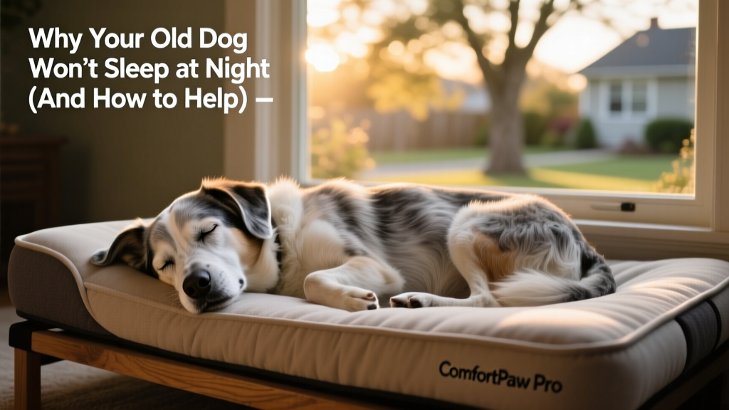 Senior dog peacefully sleeping on a supportive orthopedic bed beside a quiet window with soft evening light