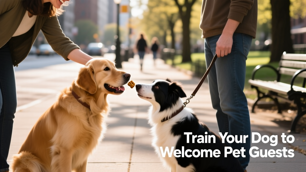 Dog owner handing treats to their dog while glancing warmly at a friend and their leashed dog nearby on a sidewalk
