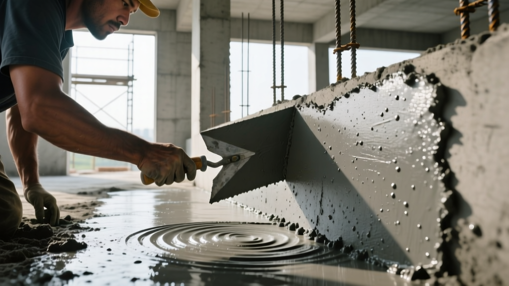 Mason troweling thick gray cementitious bag waterproof material onto a damp concrete foundation wall during structural waterproofing