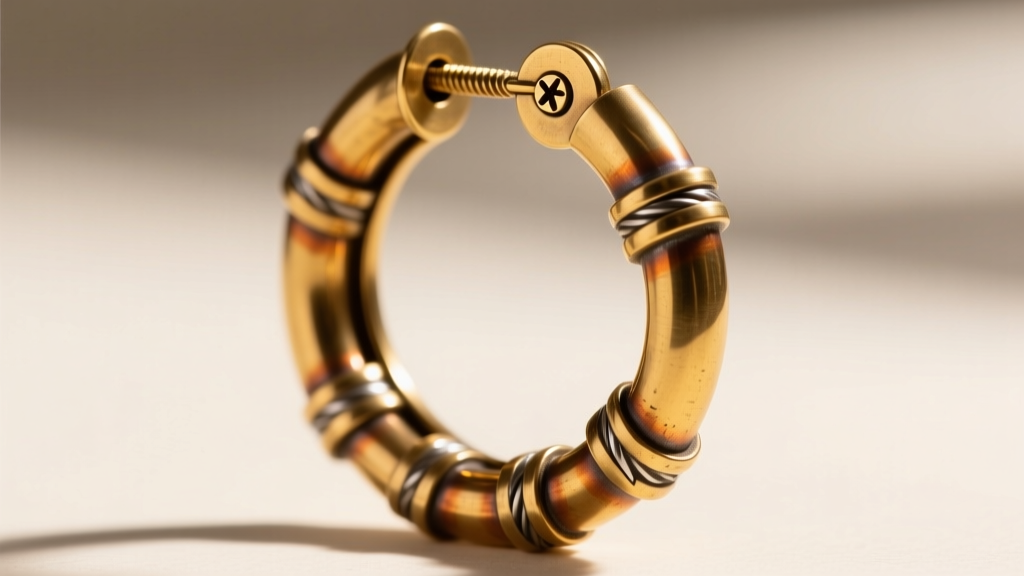 Close-up macro shot of a heavy brass folklorico hoop earring showing reinforced laser-welded joints and a secure screw-back clasp