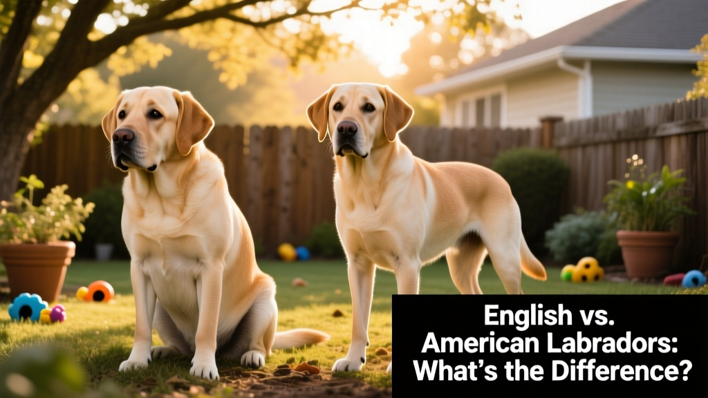 Side-by-side comparison of an English Labrador (stockier, calmer posture) and an American Labrador (leaner, more athletic stance)