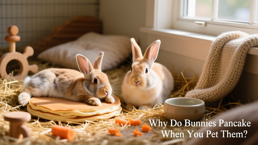 Two rabbits resting side-by-side in a cozy indoor enclosure with hay, toys, and soft bedding