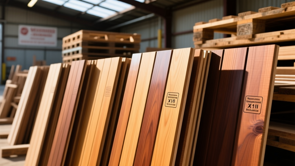 Stacks of kiln-dried Western Red Cedar tongue-and-groove siding boards sorted by grade stamps in a brightly lit lumber yard