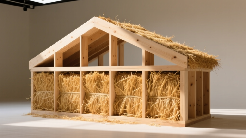 Cross-section of a prefab straw building material panel showing dense golden straw insulation inside a structural timber frame