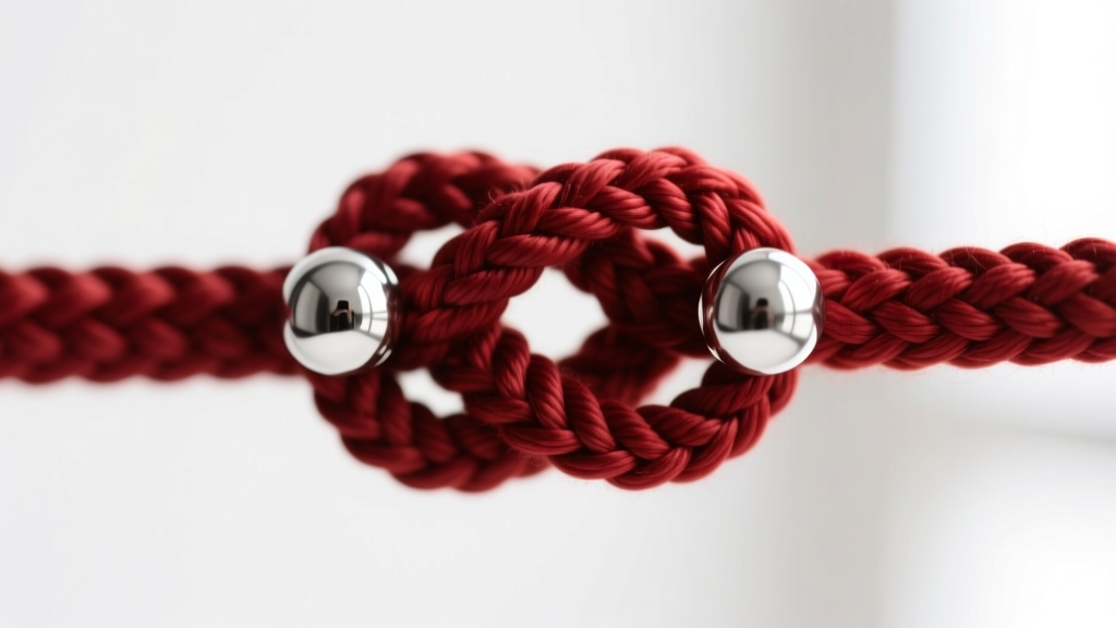 Macro photography of a sliding macrame knot on a crimson nylon thread, featuring two small sterling silver tension beads.