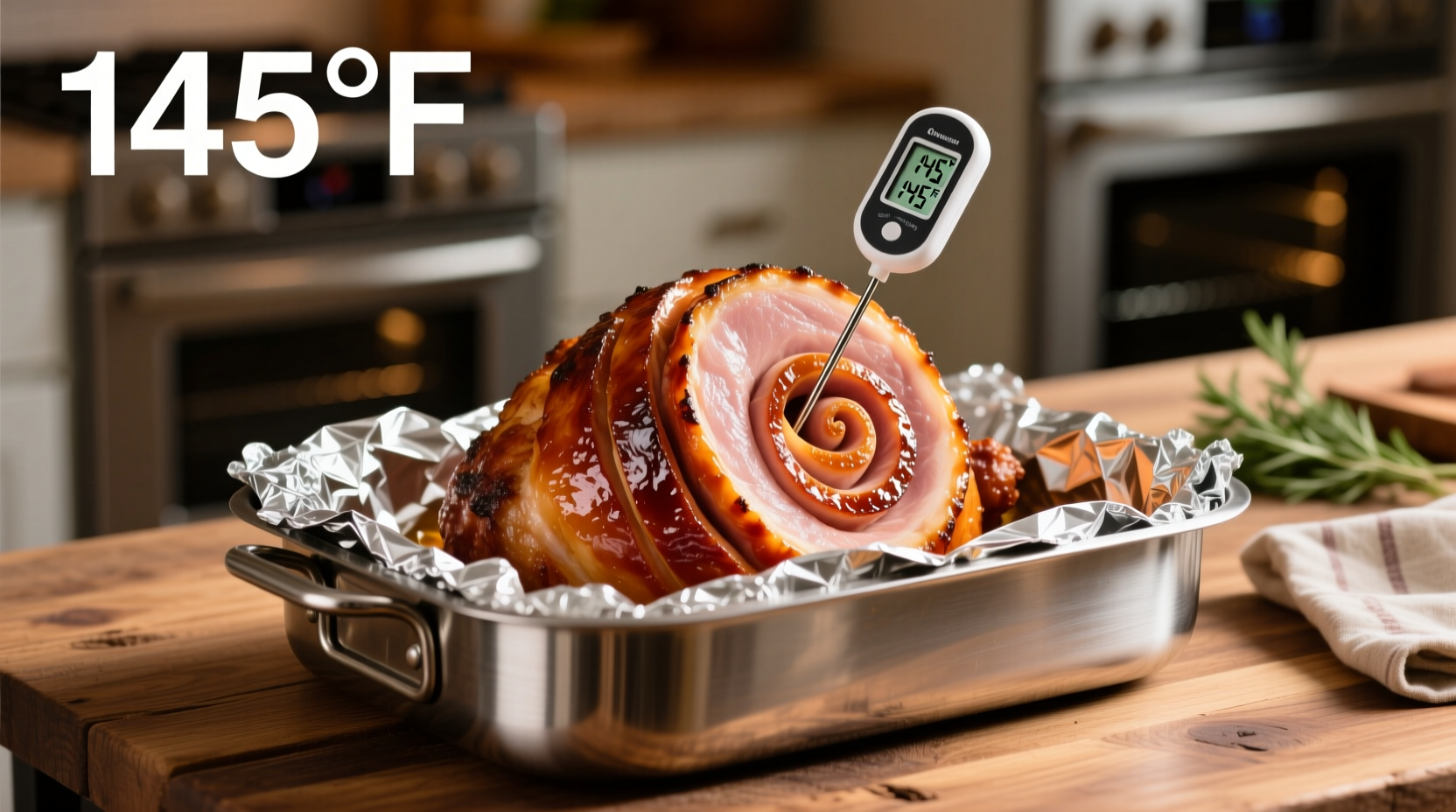 Properly covered spiral ham in roasting pan with thermometer
