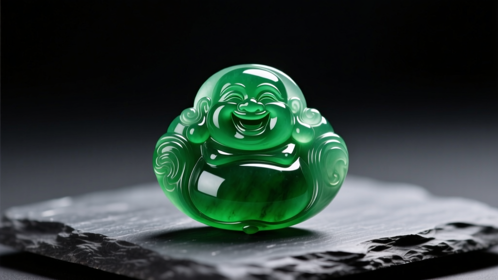 Macro shot of a vivid green jadeite Laughing Buddha pendant on dark slate, lit by soft directional studio lighting.