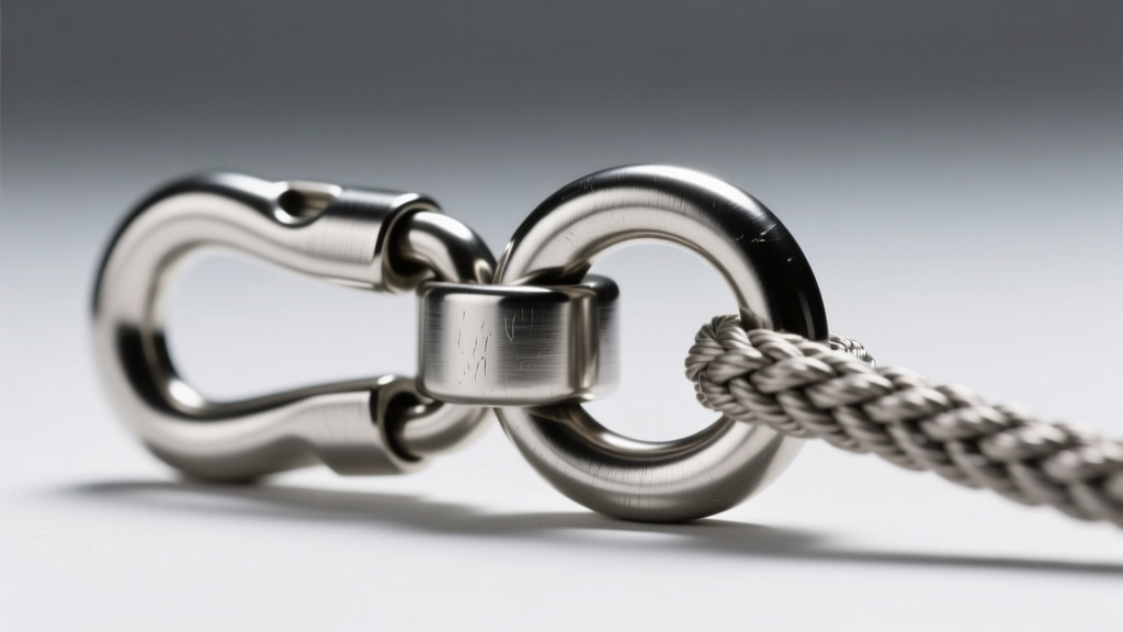 Extreme close-up of a heavy-duty stainless steel lobster clasp and soldered jump ring attached to a 3mm rope chain, sharp focus on metal texture.