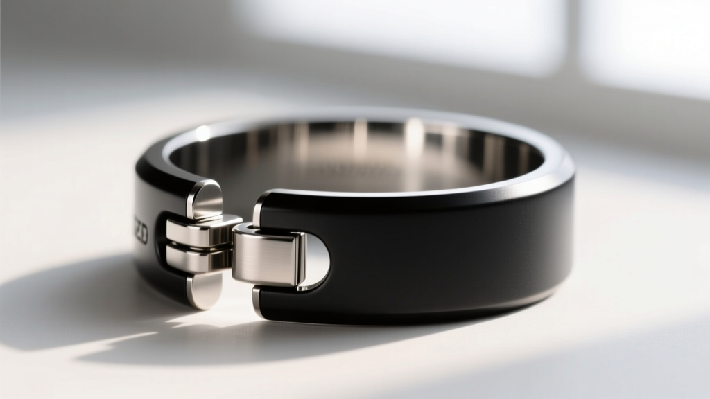 Macro shot of a titanium cartilage cuff with a matte black finish, highlighting the seamless hinge mechanism and polished edges