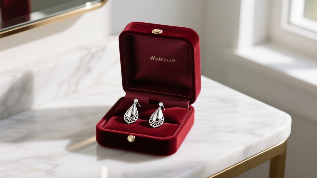 Open velvet gift box on a marble vanity revealing real sterling silver teardrop earrings catching soft morning window light.