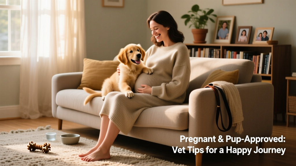 pregnant woman holding her puppy at home