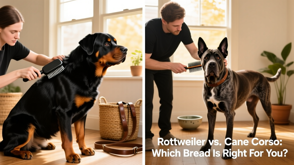 Side-by-side grooming session: person brushing a Rottweiler’s dense coat and a Cane Corso’s shorter, coarser fur