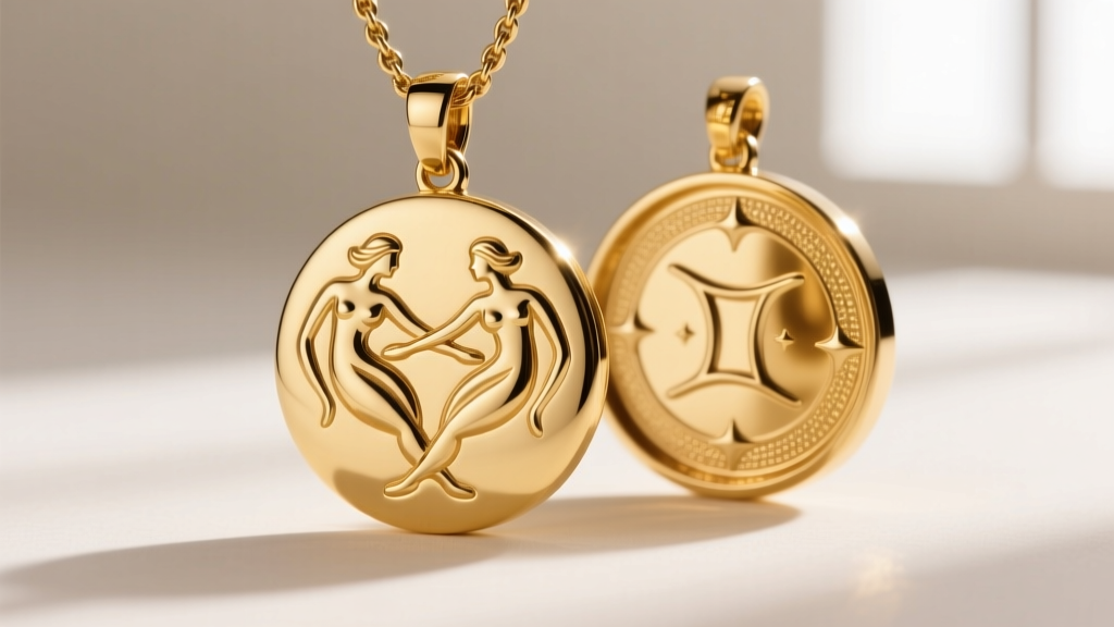 Macro shot of an 18k gold reversible Gemini pendant showing a twin motif on the front and the Mercury glyph on the back.