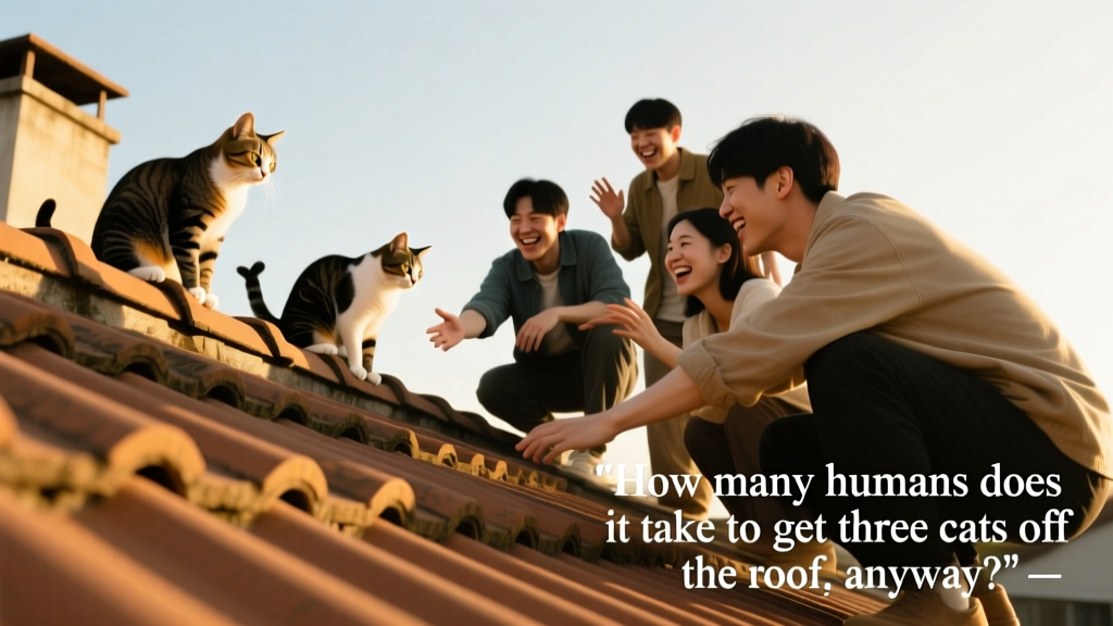 How Many Humans Does It Take to Get Three Cats Off the Roof, Anyway?