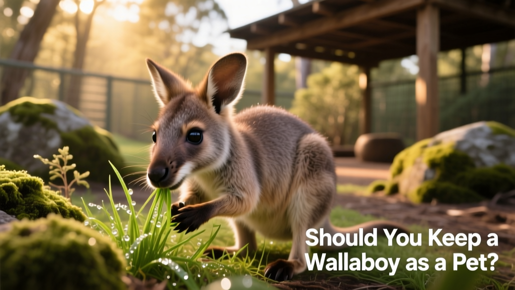 Close-up of a wallaby gently nibbling fresh grass in a shaded, natural enclosure