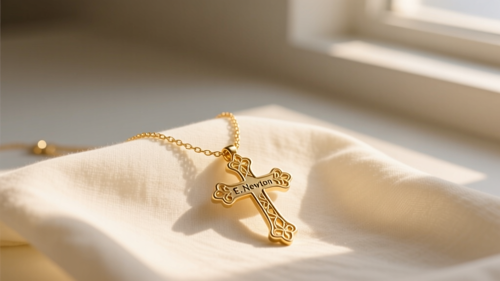 Delicate 14k gold-filled E. Newton cross necklace resting on cream linen fabric, illuminated by warm natural morning sunlight