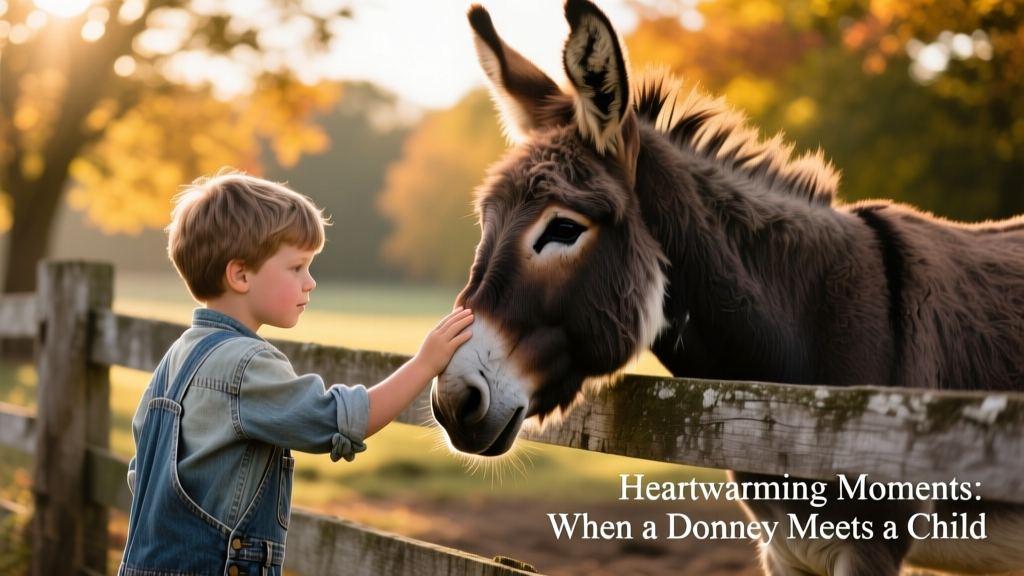 Gunner, a young boy in overalls, reaching through a fence to gently stroke Snickers' muzzle while the donkey leans in contentedly