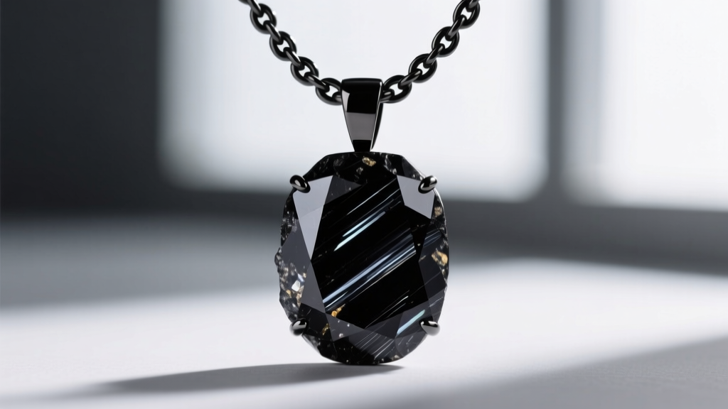 Macro shot of a black tourmaline mens gem necklace pendant showing raw crystalline striations on a matte black titanium chain