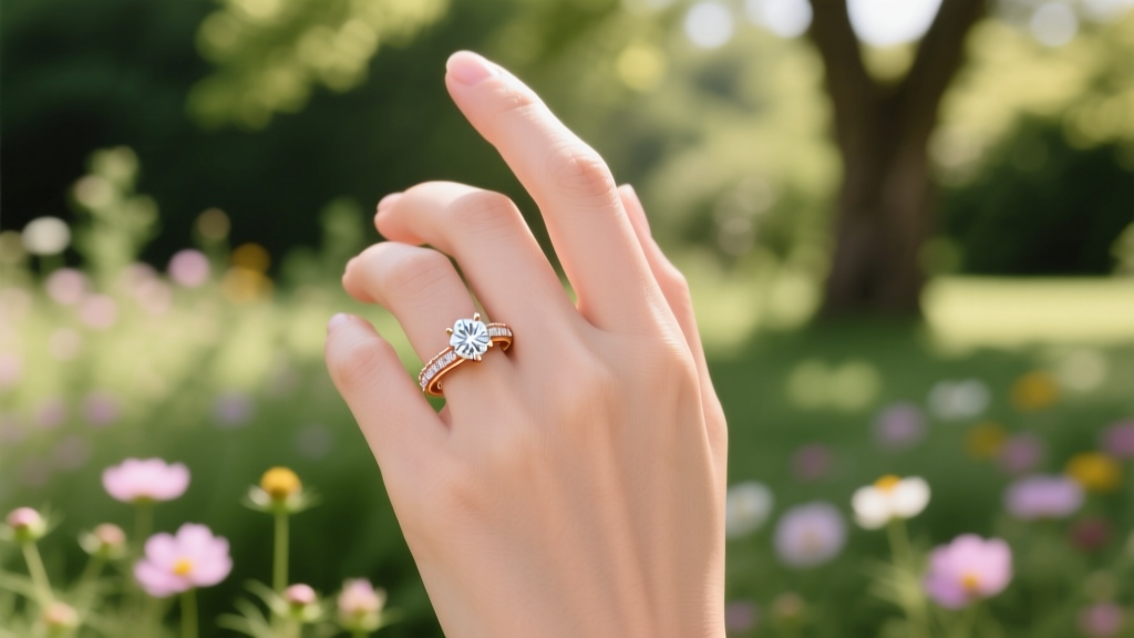 Close-up of a hand wearing an 18k rose gold engagement ring with a round diamond, held against a blurred garden background