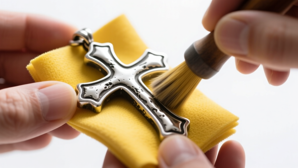 Hands using a micro-abrasive yellow polishing cloth to buff the flat surfaces of a large, heavily oxidized silver cross pendant.
