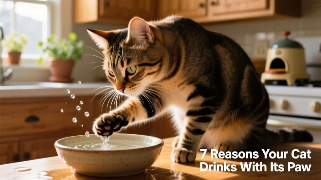 Side view of a cat gently scooping water with front paw, focused expression