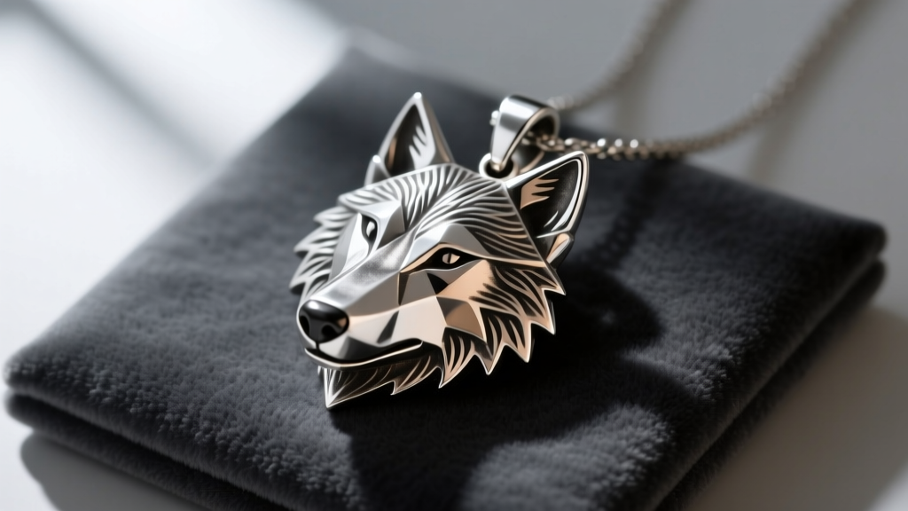 Oxidized sterling silver geometric wolf pendant with detailed fur texturing and a polished snout on a dark gray velvet pad.