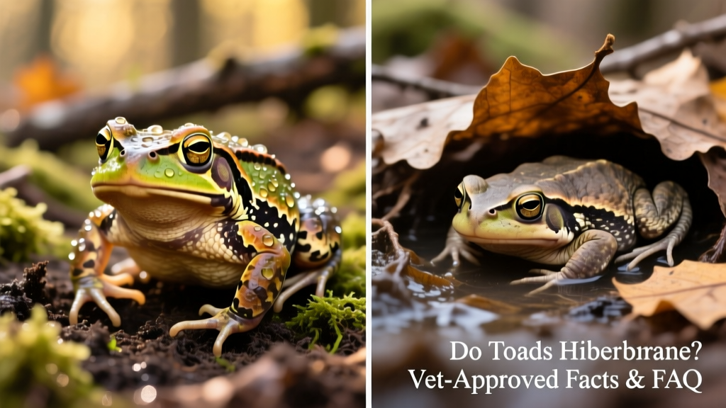 Side-by-side comparison: a healthy toad emerging from soil in spring versus one in shallow brumation pose under damp leaves