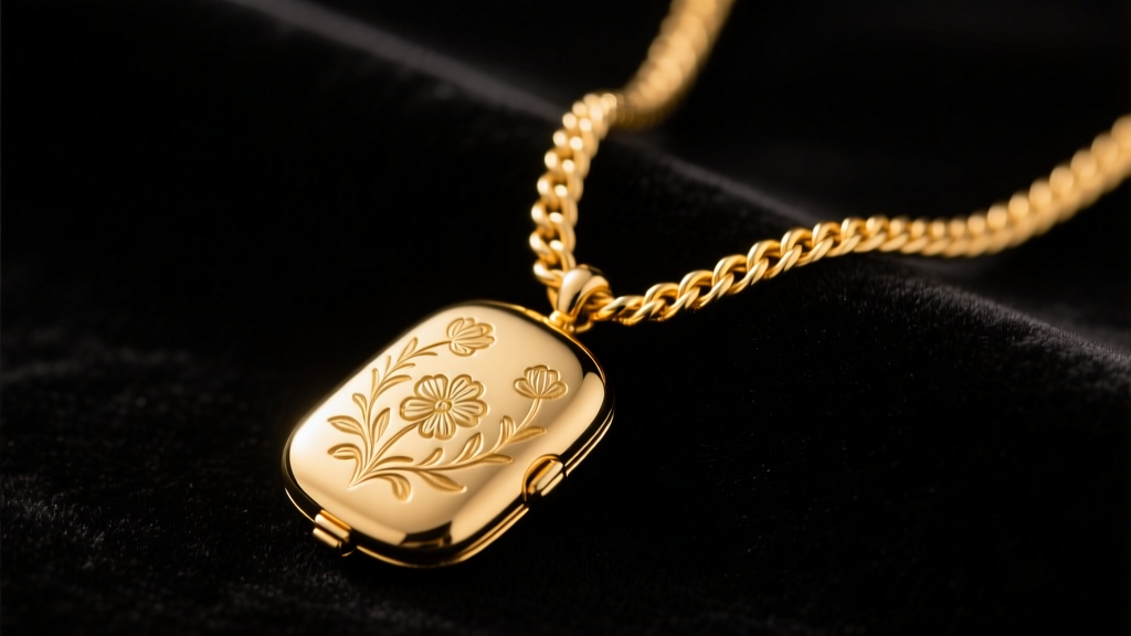 Vintage 14k yellow gold rope chain with a small engraved locket resting on dark velvet, lit by warm directional studio lighting.