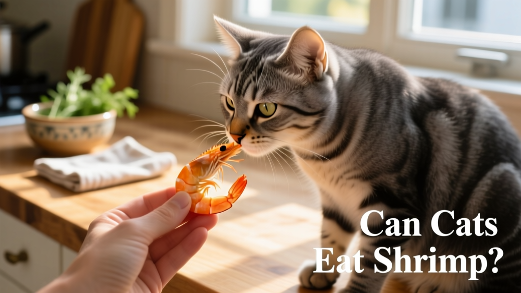 A cat gently sniffing a small piece of cooked, peeled shrimp held in a person's hand