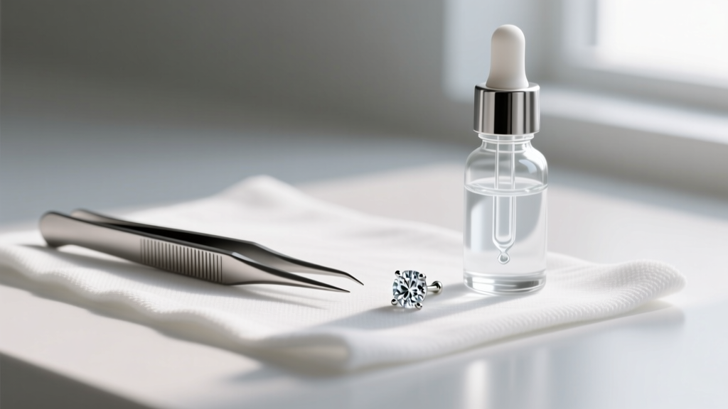 Fine-tipped titanium tweezers and a dropper of isopropyl alcohol on a microfiber cloth beside a single diamond stud earring post